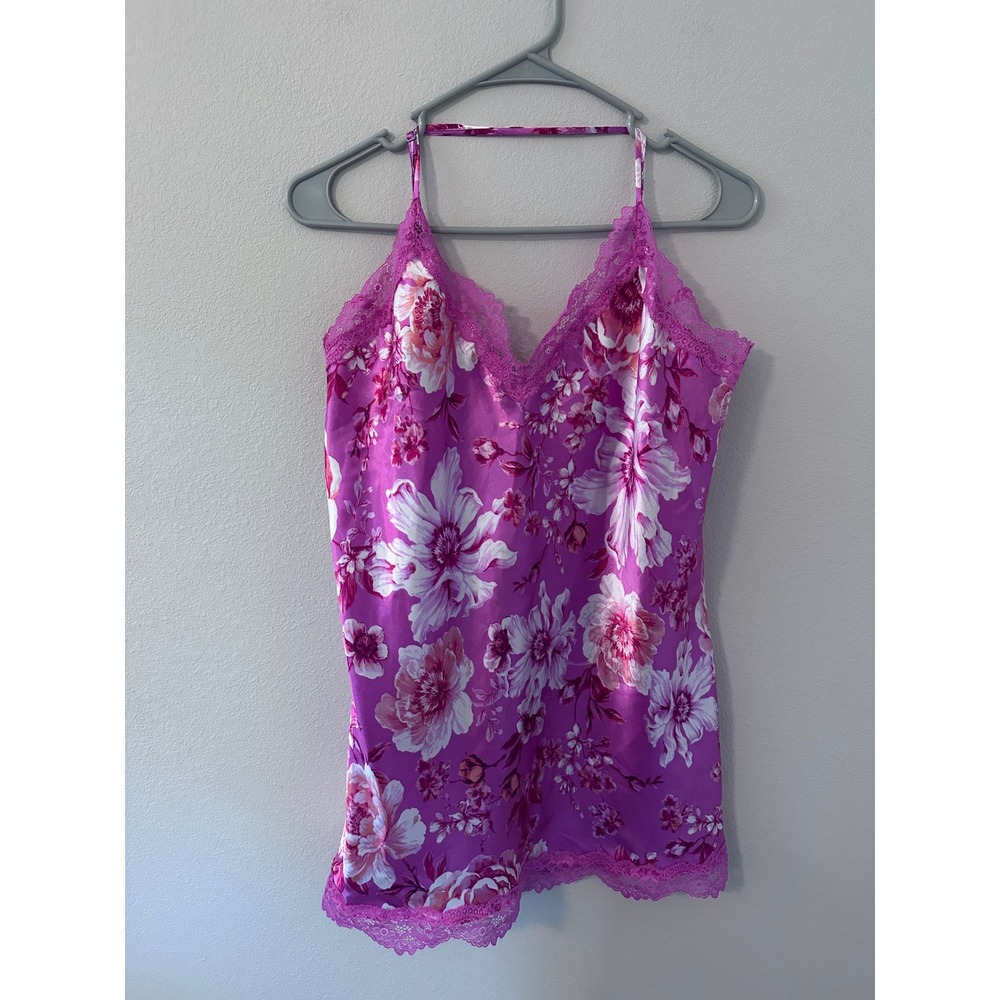 In Bloom by Jonquil Chemise Large Purple Floral Lace Trim Satin Slip Nightgown